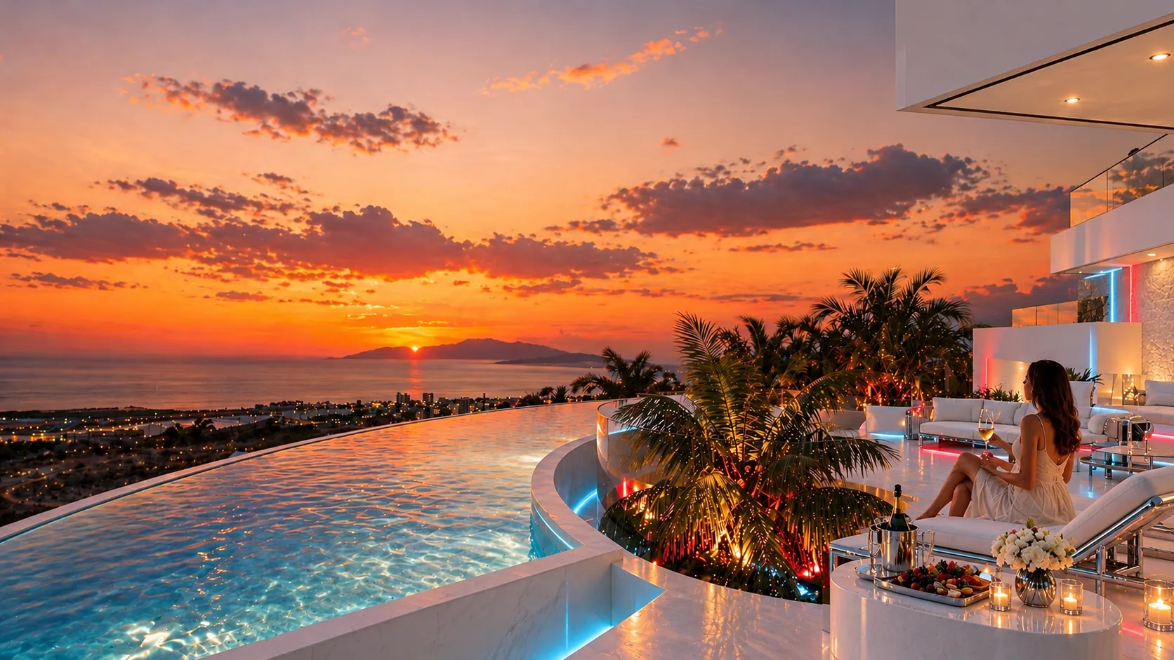 Sonnenuntergang über dem Atlantik von der Poolterrasse der Villa Infinity, Identität Futuristic